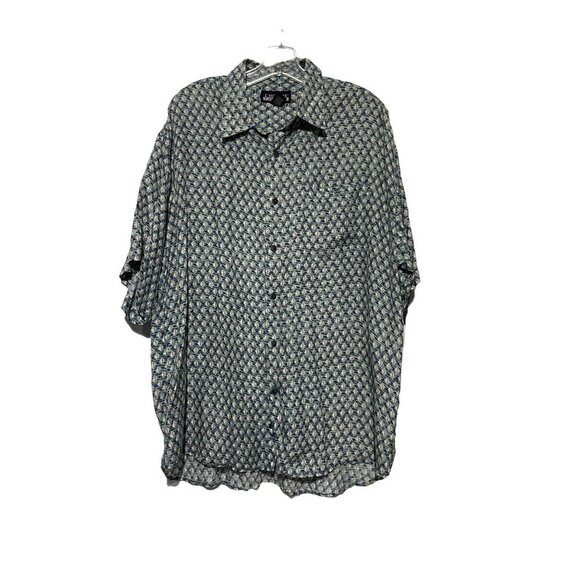 L‘ Homme Men's Button Down Shirt Geometric Pattern Print Silk Black Size L Large - Picture 1 of 5